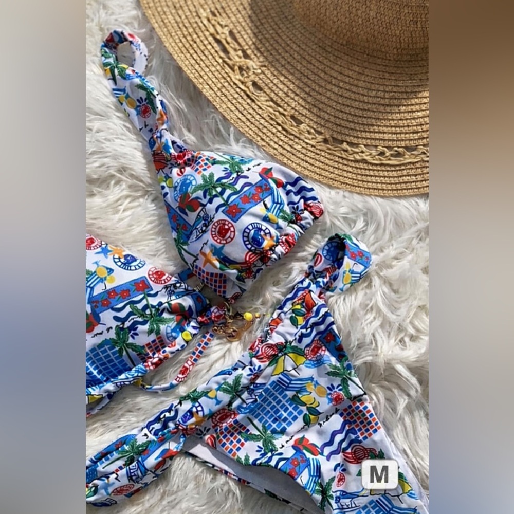 Triangle Bikini Set size M NWT Italian Summer Print Tie Side ZLK  Swimsuit